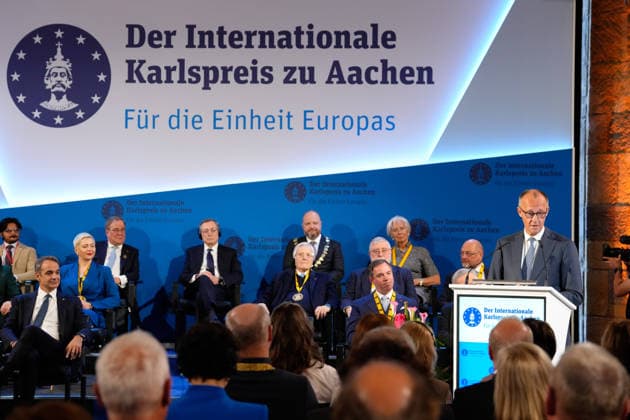 Presentation of the International Charlemagne Prize 2026 in Aachen Federal Chancellor Friedrich Merz during his speech at the ceremony for the presentation of the International Charlemagne Prize 2026 in the Kroenungssaal of Aachen City Hall, Aachen, 14 05 2026 Aachen NRW Germany