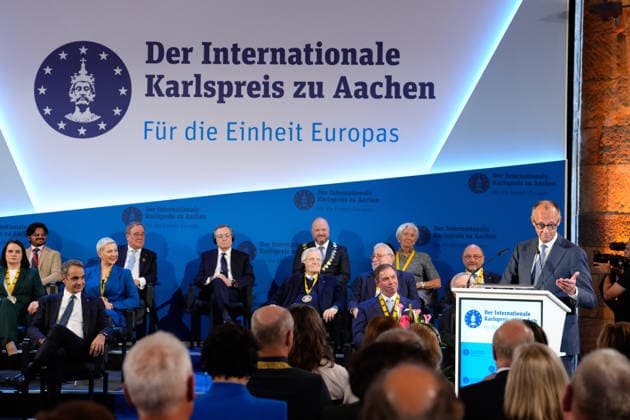 Presentation of the International Charlemagne Prize 2026 in Aachen Federal Chancellor Friedrich Merz during his speech at the ceremony for the presentation of the International Charlemagne Prize 2026 in the Kroenungssaal of Aachen City Hall, Aachen, 14 05 2026 Aachen NRW Germany