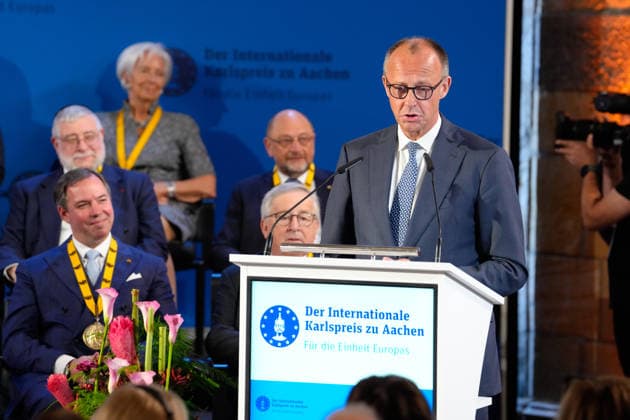 Presentation of the International Charlemagne Prize 2026 in Aachen Federal Chancellor Friedrich Merz during his speech at the ceremony for the presentation of the International Charlemagne Prize 2026 in the Kroenungssaal of Aachen City Hall, Aachen, 14 05 2026 Aachen NRW Germany