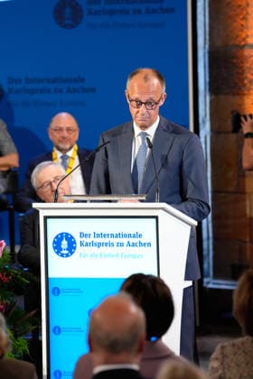 Presentation of the International Charlemagne Prize 2026 in Aachen Federal Chancellor Friedrich Merz during his speech at the ceremony for the presentation of the International Charlemagne Prize 2026 in the Kroenungssaal of Aachen City Hall, Aachen, 14 05 2026 Aachen NRW Germany