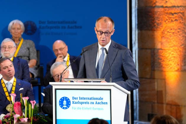 Presentation of the International Charlemagne Prize 2026 in Aachen Federal Chancellor Friedrich Merz during his speech at the ceremony for the presentation of the International Charlemagne Prize 2026 in the Kroenungssaal of Aachen City Hall, Aachen, 14 05 2026 Aachen NRW Germany