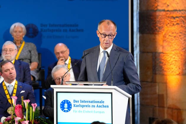 Presentation of the International Charlemagne Prize 2026 in Aachen Federal Chancellor Friedrich Merz during his speech at the ceremony for the presentation of the International Charlemagne Prize 2026 in the Kroenungssaal of Aachen City Hall, Aachen, 14 05 2026 Aachen NRW Germany