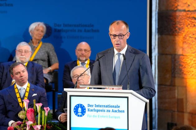 Presentation of the International Charlemagne Prize 2026 in Aachen Federal Chancellor Friedrich Merz during his speech at the ceremony for the presentation of the International Charlemagne Prize 2026 in the Kroenungssaal of Aachen City Hall, Aachen, 14 05 2026 Aachen NRW Germany