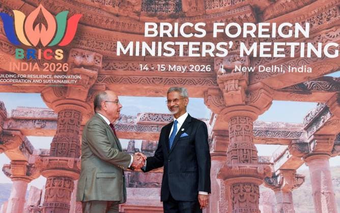 External Affairs Minister S. Jaishankar welcomes Brazil Foreign Minister Mauro Vieira during the BRICS Foreign Ministers™ Meeting 2026 New Delhi, May 14 (ANI): External Affairs Minister S. Jaishankar welcomes Brazil Foreign Minister Mauro Vieira during the BRICS Foreign Ministers™ Meeting 2026, at Bharat Mandapam, in New Delhi on Thursday. New Delhi Delhi India Copyright: xANIx ANI_20260514086