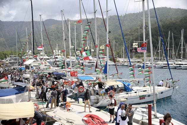 Global Sumud Flotilla prepares to set sail from Marmaris to Gaza with 54 boats MARMARIS, TURKIYE - MAY 14: The Global Sumud Flotilla, formed to challenge the Israeli blockade on Gaza, is preparing to sail into the Mediterranean from Marmaris with 54 boats heading toward Gaza, in Marmaris, Turkiye on May 14, 2026. Ali Riza Akkir Anadolu Mugla Turkey. Editorial use only. Please get in touch for any other usage.  Copyright: x2026xAnadoluxAlixRizaxAkkirx
