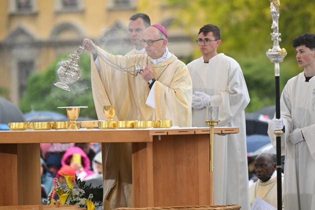 Bishop Franz Jung from Wuerzburg M during the Common Eucharistic Celebration on the Solemnity of the Ascension at the Catholics Day in Wuerzburg Photo from 14 05 2026 Several Copyright: epd-bild DanielxPeter DSC_9239.jpeg
