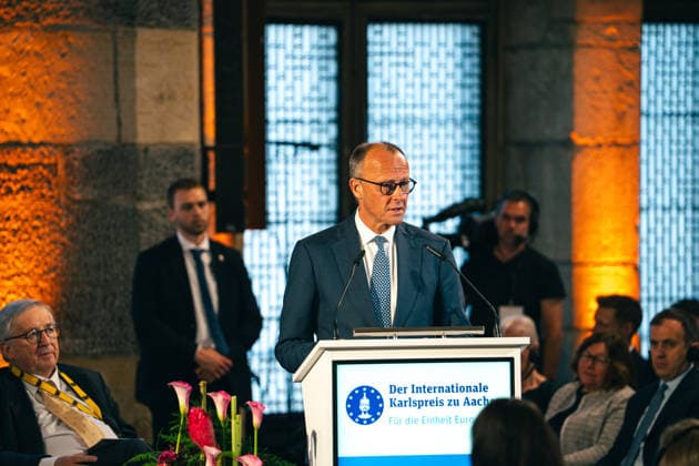 Germany Aachen City Hall Coronation Hall, Charlemagne Prize Award 2026 to Mario Draghi, former President of the European Central Bank ECB, Prime Minister of Italy a D , Federal Chancellor Friedrich Merz, CDU, speech, ceremonial address, address Copyright: xx
