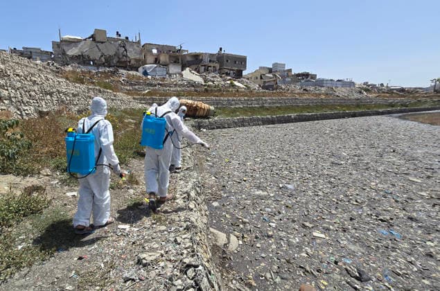 Gaza municipality launches insect control campaign in northern Gaza City Field crews from Gaza Municipality carry out pesticide spraying operations as part of a campaign to combat mosquitoes and harmful insects near Sheikh Radwan pond north of Gaza City on May 14, 2026. The campaign, implemented in cooperation with the Turkish Hudaei Foundation, is scheduled to continue for one week and aims to spray around 300 liters of pesticides in different areas amid deteriorating environmental and health conditions in the Gaza Strip. Photo by Mekael Bhar apaimages Gaza city Gaza Strip Palestinian Territory 140526_Gaza_MB_00(13) Copyright: xapaimagesxMekaelxBharx xapaimagesx