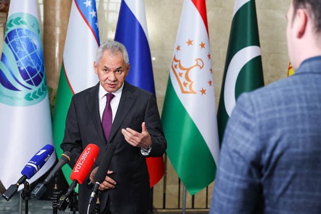 KYRGYZSTAN, BISHKEK - MAY 14, 2026: Russian Security Council Secretary Sergei Shoigu gives comments to the media following the 21st Meeting of the Security Council Secretaries of the Shanghai Cooperation Organization (SCO) member states at the Ala-Archa state residence Bishkek Kyrgyzstan  - ZUMAt113 20260514_zaa_t113_099 Copyright: xAlexanderxRyuminx