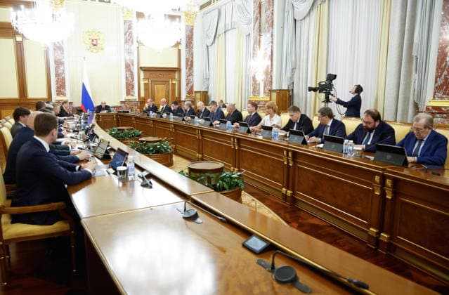 RUSSIA, MOSCOW - MAY 14, 2026: Russia s Prime Minister Mikhail Mishustin (C background) holds a meeting of the Russian Government at the House of the Russian Government. Dmitry Astakhov POOL TASS  92454344