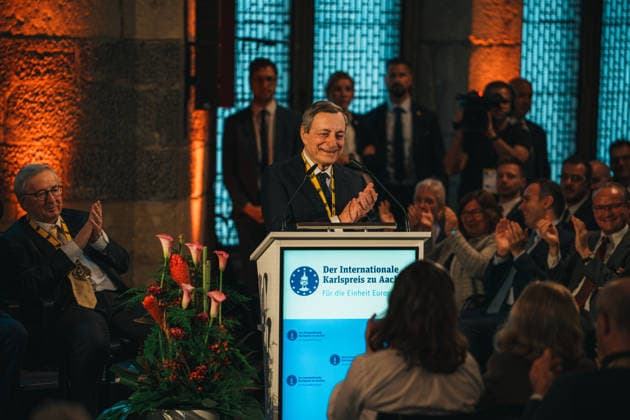 Germany, Aachen Presentation of the International Charlemagne Prize 2026 to Mario Draghi, Mario Draghi, former President of the European Central Bank ECB, former Italian Prime Minister, ceremonial address, thanks to his wife Copyright: xThiemoxRudolphx