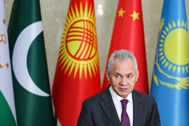KYRGYZSTAN, BISHKEK - MAY 14, 2026: Russian Security Council Secretary Sergei Shoigu gives comments to the media following the 21st Meeting of the Security Council Secretaries of the Shanghai Cooperation Organization (SCO) member states at the Ala-Archa state residence Bishkek Kyrgyzstan  - ZUMAt113 20260514_zaa_t113_113 Copyright: xAlexanderxRyuminx