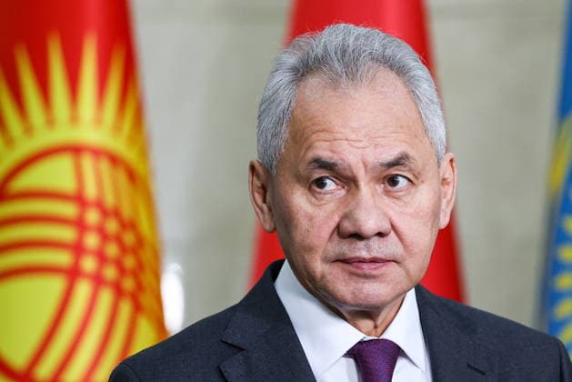 KYRGYZSTAN, BISHKEK - MAY 14, 2026: Russian Security Council Secretary Sergei Shoigu gives comments to the media following the 21st Meeting of the Security Council Secretaries of the Shanghai Cooperation Organization (SCO) member states at the Ala-Archa state residence Bishkek Kyrgyzstan  - ZUMAt113 20260514_zaa_t113_114 Copyright: xAlexanderxRyuminx