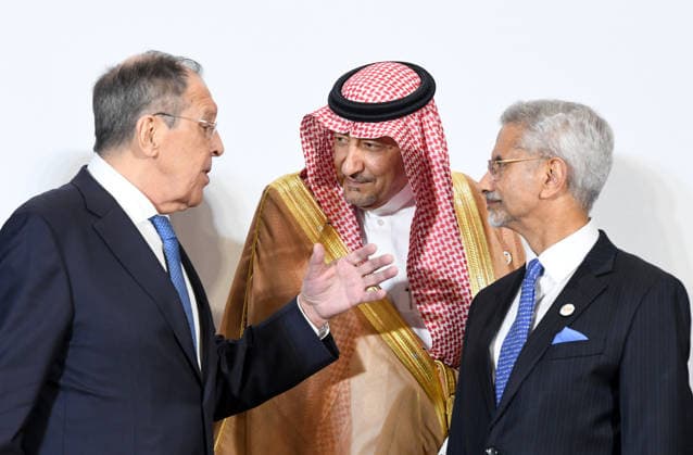 Family photo on the sidelines of the BRICS Foreign Ministers Meeting New Delhi, May 14 (ANI): External Affairs Minister S. Jaishankar with Russian Foreign Minister Sergey Lavrov and Vice Minister of Foreign Affairs of the Kingdom of Saudi Arabia, Waleed Abdulkarim El Khereiji at the family photo on the sidelines of the BRICS Foreign Ministers Meeting, at Bharat Mandapam in New Delhi on Thursday. NEW DELHI Delhi India Copyright: xANIx ANI_20260514199