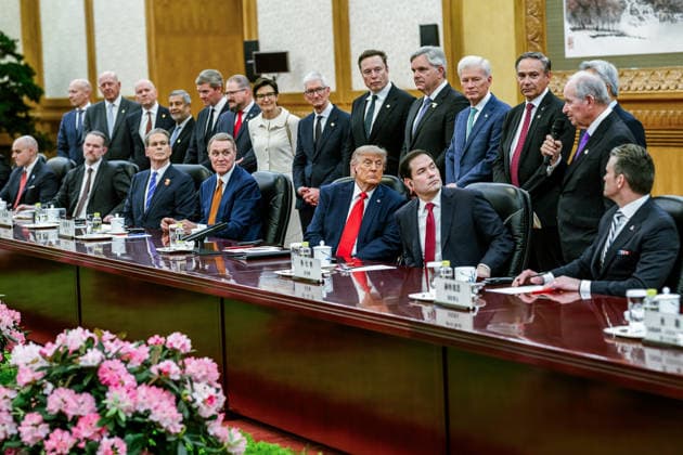 RECORD DATE NOT STATED US President Donald Trump attends a bilateral meeting in Beijing Beijing, May 14 (ANI): US President Donald Trump during a bilateral meeting, at Great Hall of the People, in Beijing on Thursday. Tesla CEO Elon Musk, Apple CEO Tim Cook, also present with other American Businesspersons. (@WhiteHouse X ANI Photo) Beijing China Copyright: xANIx ANI_20260514166