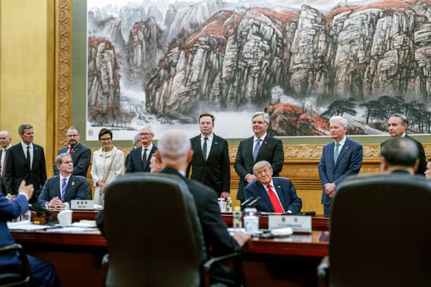 RECORD DATE NOT STATED US President Donald Trump attends a bilateral meeting in Beijing Beijing, May 14 (ANI): US President Donald Trump during a bilateral meeting, at Great Hall of the People, in Beijing on Thursday. Tesla CEO Elon Musk, Apple CEO Tim Cook, also present with other American Businesspersons. (@WhiteHouse X ANI Photo) Beijing China Copyright: xANIx ANI_20260514169