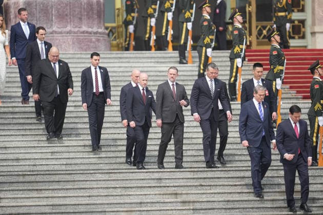 BEIJING, CHINA - MAY 14: Members of the U.S. delegation and CEOs from various industries attend a welcome ceremony for U.S. President Donald Trump outside the Great Hall of the People on May 14, 2026 in Beijing, China. Xi held talks with Trump at the Great Hall of the People in Beijing on Thursday.  Copyright: xVCGx 111641410912