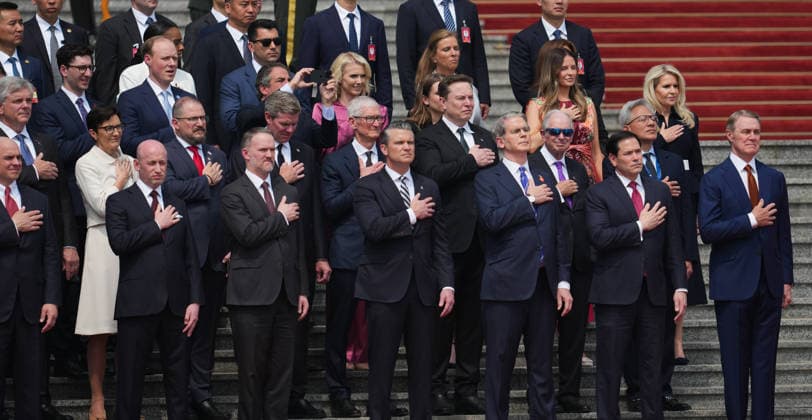 BEIJING, CHINA - MAY 14: Members of the U.S. delegation and CEOs from various industries stand prior to a welcome ceremony for U.S. President Donald Trump outside the Great Hall of the People on May 14, 2026 in Beijing, China. Xi held talks with Trump at the Great Hall of the People in Beijing on Thursday.  Copyright: xVCGx 111641411023