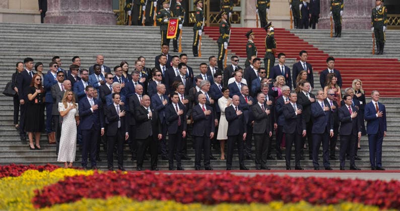 BEIJING, CHINA - MAY 14: Members of the U.S. delegation and CEOs from various industries stand prior to a welcome ceremony for U.S. President Donald Trump outside the Great Hall of the People on May 14, 2026 in Beijing, China. Xi held talks with Trump at the Great Hall of the People in Beijing on Thursday.  Copyright: xVCGx 111641410521