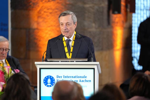 Presentation of the International Charlemagne Prize 2026 in Aachen Portrait of prizewinner Professor Mario Draghi during his acceptance speech at the ceremony for the presentation of the International Charlemagne Prize 2026 in the Kroenungssaal of Aachen City Hall, Aachen, 14 05 2026 Aachen NRW Germany