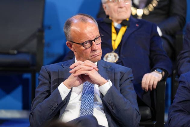 Presentation of the International Charlemagne Prize 2026 in Aachen Federal Chancellor Friedrich Merz with attentive facial expressions and gestures during the laureates acceptance speech at the ceremony for the presentation of the International Charlemagne Prize 2026 in the Kroenungssaal of Aachen City Hall, Aachen, 14 05 2026 Aachen NRW Germany