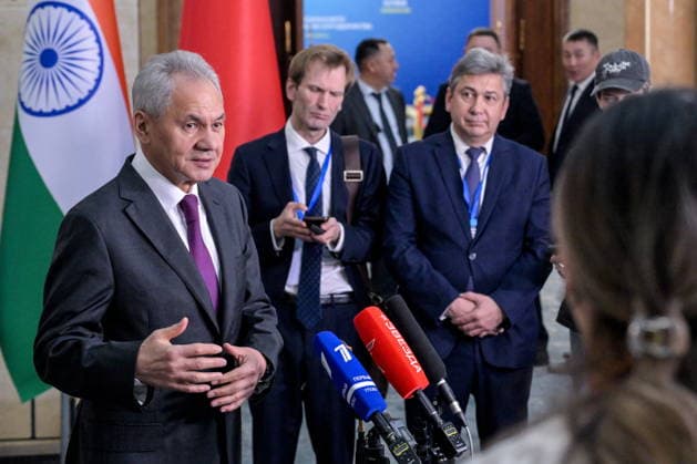 KYRGYZSTAN, BISHKEK - MAY 14, 2026: Russian Security Council Secretary Sergei Shoigu (L) gives comments to the media following the 21st Meeting of the Security Council Secretaries of the Shanghai Cooperation Organization (SCO) member states at the Ala-Archa state residence Bishkek Kyrgyzstan  - ZUMAt113 20260514_zaa_t113_189 Copyright: xAlexeixNikolskyx