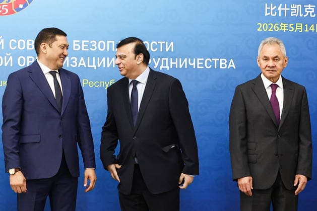 KYRGYZSTAN, BISHKEK - MAY 14, 2026: Kyrgyzstan s Security Council Secretary Adilet Orozbekov, Secretary of Pakistan s National Security Division Sajid Baloch, Russian Security Council Secretary Sergei Shoigu (L-R) pose for a group photo before the 21st Meeting of the Security Council Secretaries of the Shanghai Cooperation Organization (SCO) member states at the Ala-Archa state residence Bishkek Kyrgyzstan  - ZUMAt113 20260514_zaa_t113_191 Copyright: xAlexanderxRyuminx