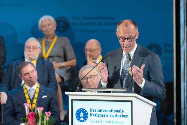 Federal Chancellor Friedrich MERZ, CDU, during his speech International Charlemagne Prize of the City of Aachen, awarded to Prof Dr Mario Draghi, former Italian Prime Minister and former Director of the ECB, award ceremony in the City Hall of Aachen on 14 05 2026