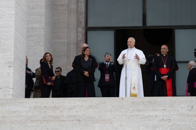 Pope Leo XIV Visits Sapienza University of Rome - Rome His Holiness Pope Leo XIV, accompanied by Archbishop Petar Rajic, the new Prefect of the Papal Household, is welcomed by Rector Antonella Polimeni for his pastoral visit to La Sapienza University of Rome. He will be in Rome on May 14, 2026. Photo by Andrea Bracaglia ABACAPRESS.COM Rome Italy Italy  Copyright: xBracagliaxAndrea ABACAx