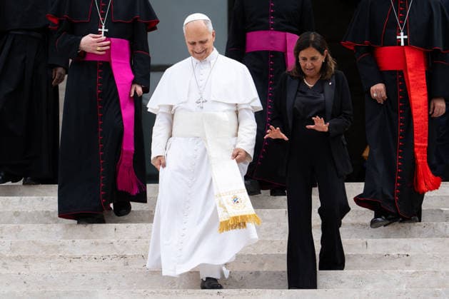 Pope Leo XIV Visits Sapienza University of Rome - Rome His Holiness Pope Leo XIV, accompanied by Archbishop Petar Rajic, the new Prefect of the Papal Household, is welcomed by Rector Antonella Polimeni for his pastoral visit to La Sapienza University of Rome. He will be in Rome on May 14, 2026. Photo by Andrea Bracaglia ABACAPRESS.COM Rome Italy Italy  Copyright: xBracagliaxAndrea ABACAx