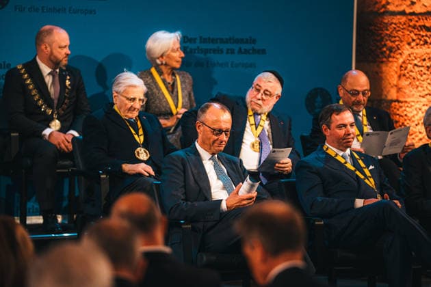 Germany, Aachen Presentation of the International Charlemagne Prize 2026 to Mario Draghi, Mario Draghi, former President of the European Central Bank ECB, former Italian Prime Minister, Friedrich Merz CDU, German Chancellor, Federal Chairman of the CDU Copyright: xThiemoxRudolphx