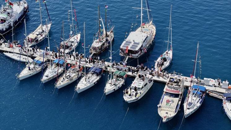 Global Sumud Flotilla departs from Marmaris for Gaza MUGLA, TURKIYE - MAY 14: An aerial view of The Global Sumud Flotilla, formed to break the Israeli blockade, set sail into the Mediterranean from Marmaris with a convoy of 54 boats heading toward Gaza, in Mugla, Turkiye on May 14, 2026. Ali Riza Akkir Anadolu Mugla Turkey. Editorial use only. Please get in touch for any other usage.  Copyright: x2026xAnadoluxAlixRizaxAkkirx