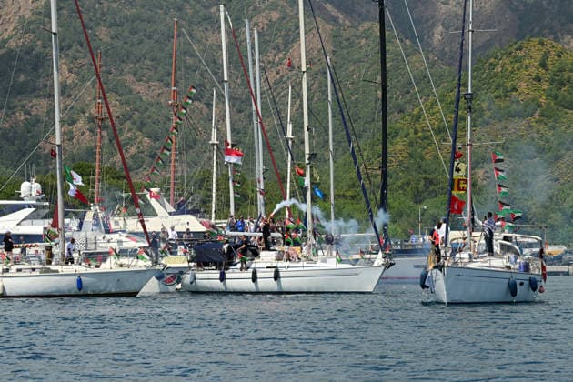 Global Sumud Flotilla departs from Marmaris for Gaza MUGLA, TURKIYE - MAY 14: The Global Sumud Flotilla, formed to break the Israeli blockade, set sail into the Mediterranean from Marmaris with a fleet of 54 boats bound for Gaza, in Mugla, Turkiye on May 14, 2026. Orhan Cicek Anadolu Mugla Turkey. Editorial use only. Please get in touch for any other usage.  Copyright: x2026xAnadoluxOrhanxCicekx