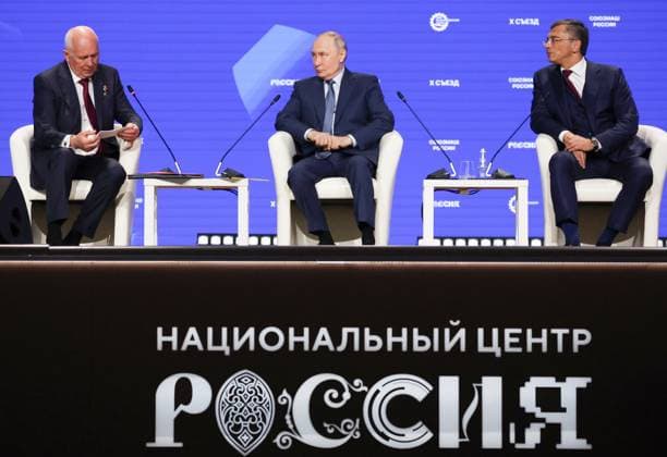 Russia Putin Engineering Union Congress 9164973 14.05.2026 Rostec State Corporation CEO Sergei Chemezov, Russian President Vladimir Putin and Chairman of the State Duma Committee on Industry and Trade Vladimir Gutenev attend the 10th Congress of the Russian Engineering Union at the Russia National Centre in Moscow, Russia. Vyacheslav Prokofyev Sputnik Moscow Russia  Copyright: xVyacheslavxProkofyevx