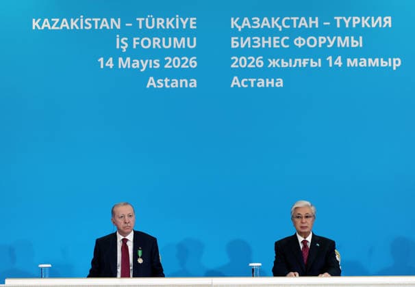 Closing Session of the Turkiye-Kazakhstan Business Forum ASTANA, KAZAKHSTAN - MAY 14: (----EDITORIAL USE ONLY - MANDATORY CREDIT - TURKISH PRESIDENCY MURAT KULA HANDOUT - NO MARKETING NO ADVERTISING CAMPAIGNS - DISTRIBUTED AS A SERVICE TO CLIENTS----)Turkish President Recep Tayyip Erdogan (L) and Kazakh President Kassym-Jomart Tokayev (R) hold a joint press conference following the Closing Session of the Turkiye-Kazakhstan Business Forum in Astana, Kazakhstan on May 14, 2026. Turkish Presidency Murat Kula Handout Anadolu Astana Kazakhstan. Editorial use only. Please get in touch for any other usage.  Copyright: x2026xAnadoluxTurkishxPresidencyx xMuratxKulax xHandoutx