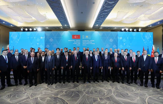 Closing Session of the Turkiye-Kazakhstan Business Forum ASTANA, KAZAKHSTAN - MAY 14: (----EDITORIAL USE ONLY - MANDATORY CREDIT - TURKISH PRESIDENCY MURAT CETINMUHURDAR HANDOUT - NO MARKETING NO ADVERTISING CAMPAIGNS - DISTRIBUTED AS A SERVICE TO CLIENTS----) Turkish President Recep Tayyip Erdogan and Kazakh President Kassym-Jomart Tokayev attend the Closing Session of the Turkiye-Kazakhstan Business Forum in Astana, Kazakhstan on May 14, 2026. Turkish Presidency Murat Cetinmuhurdar Handout Anadolu Astana Kazakhstan. Editorial use only. Please get in touch for any other usage.  Copyright: x2026xAnadoluxTurkishxPresidency xMuratxCetinmuhurdarx xHandoutx