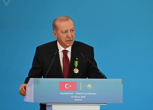 Turkish President Recep Tayyip Erdogan in Kazakhstan ASTANA, KAZAKHSTAN - MAY 14: Turkish President Recep Tayyip Erdogan and Kazakh President Kassym-Jomart Tokayev (not seen) hold a joint press meeting after the Turkiye-Kazakhstan Business Forum in Astana, Kazakhstan on May 14, 2026. Mehmet Ali Ozcan Anadolu Astana Kazakhstan. Editorial use only. Please get in touch for any other usage.  Copyright: x2026xAnadoluxMehmetxAlixOzcanx
