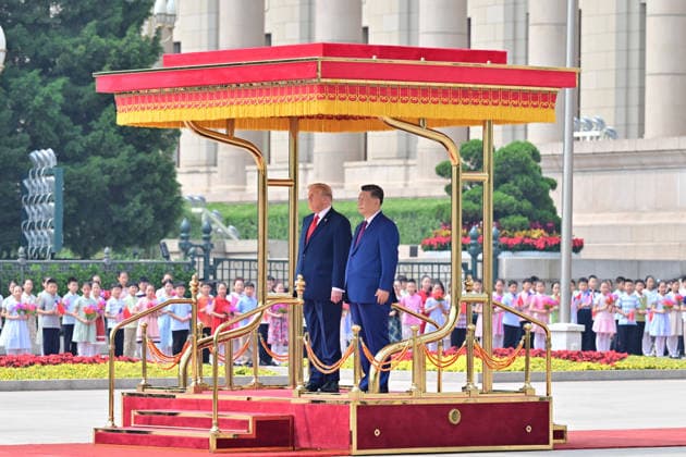 (260514) -- BEIJING, May 14, 2026 -- Chinese President Xi Jinping holds a welcome ceremony for U.S. President Donald Trump, who is on a state visit to China, outside the Great Hall of the People prior to their talks in Beijing, capital of China, May 14, 2026. Xi held talks with Trump at the Great Hall of the People in Beijing on Thursday. ) CHINA-BEIJING-XI JINPING-U.S.-TRUMP-TALKS (CN) ZhaixJianlan 