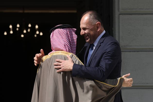 Saudi Arabian Foreign Minister Prince Faisal bin Farhan Al Saud in Athens ATHENS, GREECE - MAY 14: Greek Foreign Minister George Gerapetritis welcomes Saudi Arabian Foreign Minister Prince Faisal bin Farhan Al Saud at the Foreign Ministry in Athens, Greece, on May 14, 2026. Costas Baltas Anadolu Athens Greece. Editorial use only. Please get in touch for any other usage.  Copyright: x2026xAnadoluxCostasxBaltasx