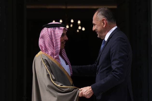 Saudi Arabian Foreign Minister Prince Faisal bin Farhan Al Saud in Athens ATHENS, GREECE - MAY 14: Greek Foreign Minister George Gerapetritis welcomes Saudi Arabian Foreign Minister Prince Faisal bin Farhan Al Saud at the Foreign Ministry in Athens, Greece, on May 14, 2026. Costas Baltas Anadolu Athens Greece. Editorial use only. Please get in touch for any other usage.  Copyright: x2026xAnadoluxCostasxBaltasx