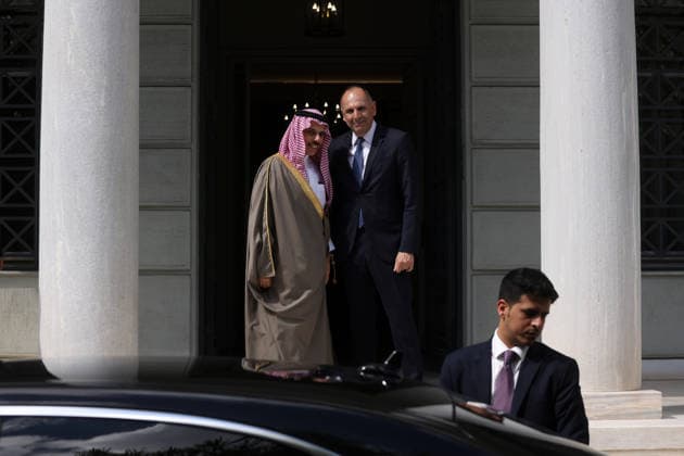 Saudi Arabian Foreign Minister Prince Faisal bin Farhan Al Saud in Athens ATHENS, GREECE - MAY 14: Greek Foreign Minister George Gerapetritis welcomes Saudi Arabian Foreign Minister Prince Faisal bin Farhan Al Saud at the Foreign Ministry in Athens, Greece, on May 14, 2026. Costas Baltas Anadolu Athens Greece. Editorial use only. Please get in touch for any other usage.  Copyright: x2026xAnadoluxCostasxBaltasx
