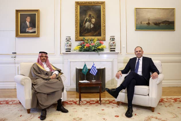 Saudi Arabian Foreign Minister Prince Faisal bin Farhan Al Saud in Athens ATHENS, GREECE - MAY 14: Greek Foreign Minister George Gerapetritis meets with Saudi Arabian Foreign Minister Prince Faisal bin Farhan Al Saud at the Foreign Ministry in Athens, Greece, on May 14, 2026. Costas Baltas Anadolu Athens Greece. Editorial use only. Please get in touch for any other usage.  Copyright: x2026xAnadoluxCostasxBaltasx