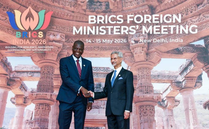 BRICS Foreign Ministers Meeting New Delhi, May 14 (ANI): External Affairs Minister S Jaishankar welcomes Minister of International Relations and Cooperation of South Africa, Ronald Ozzy Lamola at Bharat Mandapam, in New Delhi on Thursday. NEW DELHI Delhi India Copyright: xANIx ANI_20260514286