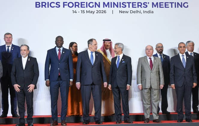 BRICS Foreign Ministers Meeting New Delhi, May 14 (ANI): External Affairs Minister S. Jaishankar, along with other BRICS Foreign Ministers, at the family photo on the sidelines of the BRICS Foreign Ministers Meeting, at Bharat Mandapam in New Delhi on Thursday. NEW DELHI Delhi India Copyright: xANIx ANI_20260514299