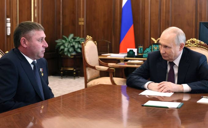 May 14, 2026, Moscow, Moscow Oblast, Russia: Russian President Vladimir Putin, listens to newly appointed acting governor of Belgorod region Alexander Shuvaev, left, during a face-to-face meeting at the Kremlin, May 13, 2026 in Moscow, Russia. The governors of two Russian regions ‌bordering Ukraine, stepped down and their ‹replacements met with President Vladimir Putin. Moscow Russia - ZUMAp138 20260514_zaa_p138_009 Copyright: xMikhailxMetzel RussianxGovernmenx