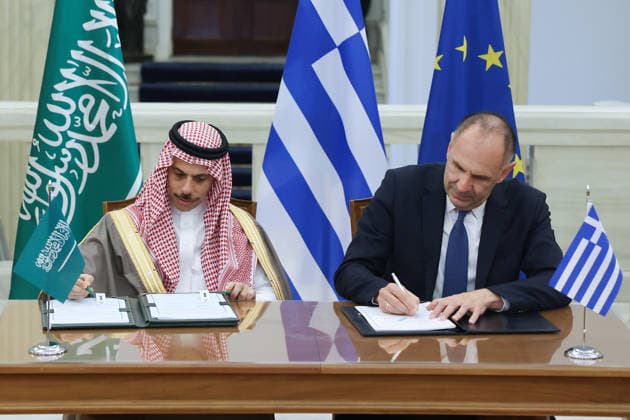 Saudi Arabian Foreign Minister Prince Faisal bin Farhan Al Saud in Athens ATHENS, GREECE - MAY 14: Greek Foreign Minister George Gerapetritis and Saudi Arabian Foreign Minister Prince Faisal bin Farhan Al Saud sign an agreement at the Foreign Ministry in Athens, Greece, on May 14, 2026. Costas Baltas Anadolu Athens Greece. Editorial use only. Please get in touch for any other usage.  Copyright: x2026xAnadoluxCostasxBaltasx