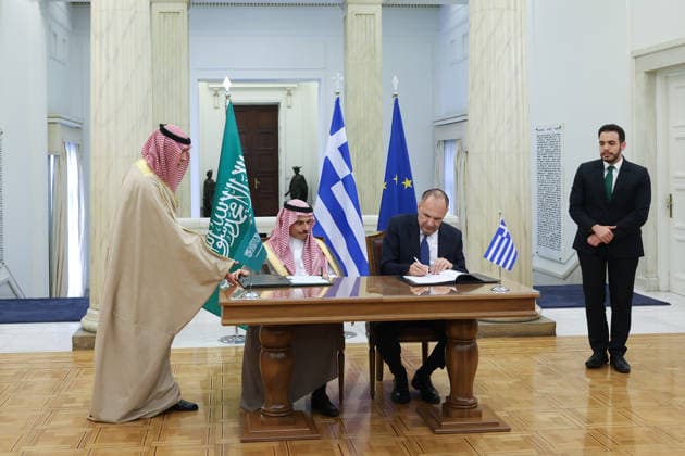 Saudi Arabian Foreign Minister Prince Faisal bin Farhan Al Saud in Athens ATHENS, GREECE - MAY 14: Greek Foreign Minister George Gerapetritis and Saudi Arabian Foreign Minister Prince Faisal bin Farhan Al Saud sign an agreement at the Foreign Ministry in Athens, Greece, on May 14, 2026. Costas Baltas Anadolu Athens Greece. Editorial use only. Please get in touch for any other usage.  Copyright: x2026xAnadoluxCostasxBaltasx