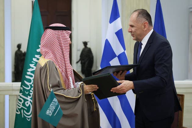 Saudi Arabian Foreign Minister Prince Faisal bin Farhan Al Saud in Athens ATHENS, GREECE - MAY 14: Greek Foreign Minister George Gerapetritis and Saudi Arabian Foreign Minister Prince Faisal bin Farhan Al Saud sign an agreement at the Foreign Ministry in Athens, Greece, on May 14, 2026. Costas Baltas Anadolu Athens Greece. Editorial use only. Please get in touch for any other usage.  Copyright: x2026xAnadoluxCostasxBaltasx