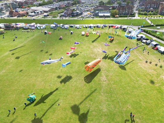 Largest kite festival on the North Sea coast The kite festival in Norddeich is the largest kite festival on the North Sea coast and is a highlight over the Ascension weekend in East Frisia On the green beach of Norddeich, visitors can expect a colorful sky spectacle with large kites, show kit Copyright: xdiebildwerftx
