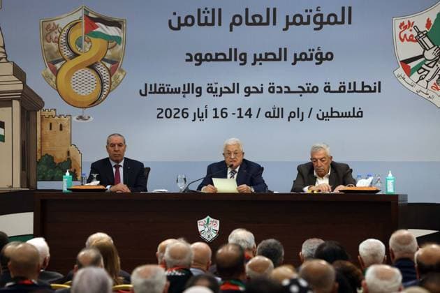 8th Ordinary Congress of the Palestinian National Liberation Movement (Fatah) in Ramallah RAMALLAH, WEST BANK, PALESTINE - MAY 14: (----EDITORIAL USE ONLY - MANDATORY CREDIT - PALESTINE PRESIDENCY HANDOUT - NO MARKETING NO ADVERTISING CAMPAIGNS - DISTRIBUTED AS A SERVICE TO CLIENTS----) Palestinian President Mahmoud Abbas (C) attends the 8th Ordinary Congress of the Palestinian National Liberation Movement (Fatah) in Ramallah, West Bank, Palestine on May 14, 2026. Presidency of Palestine Anadolu Ramallah West Bank. Editorial use only. Please get in touch for any other usage.  Copyright: x2026xAnadoluxPresidencyxofxPalestinex